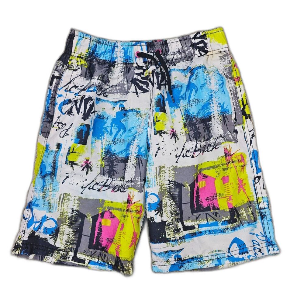 Cherokee Boys Swim Trunks 8/10 Blue Neon Graphic Surf Board Shorts